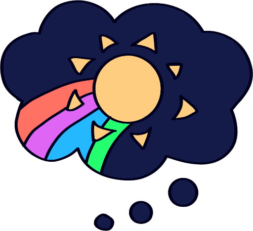 a dark blue thought bubble with a sun in it. the sun has a multi-colored trail, like a shooting star tail or a rainbow.