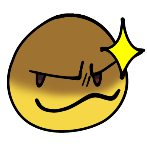  A yellow emoji  with a sly cat-like smile. The upper part of their face is in a shadow, and a sparkle is next to them.