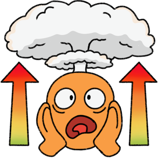 a person holding their face dramatically and yelling, with a mushroom cloud coming out the top of their head. On either side of them are two arrows that point up and go from green, to yellow, to red to show rising intensity.