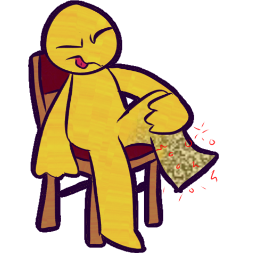  A yellow person sitting on a chair, holding one leg up, and scowling with their tongue out. There is static and little dots and lines on the foot of the leg they’re holding up to represent the sensation of tingling and numbness