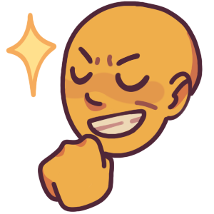 an emoji yellow person smugly grinning with their fist held to their chin, and a star shining beside them. The face is more realistically proportioned, and the line art is three shades of purple.