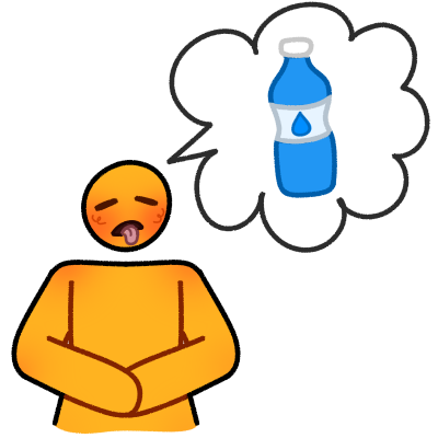 an emoji yellow person with their tongue poking out and hands on their stomach, a bubble coming from their head with a bottle of water in it.