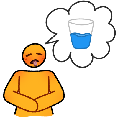 an emoji yellow person with their tongue poking out and hands on their stomach, a bubble coming from their head with a glass of water in it.