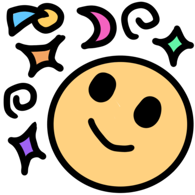 a smiling light yellow emoji, looking at colorful shapes above them.