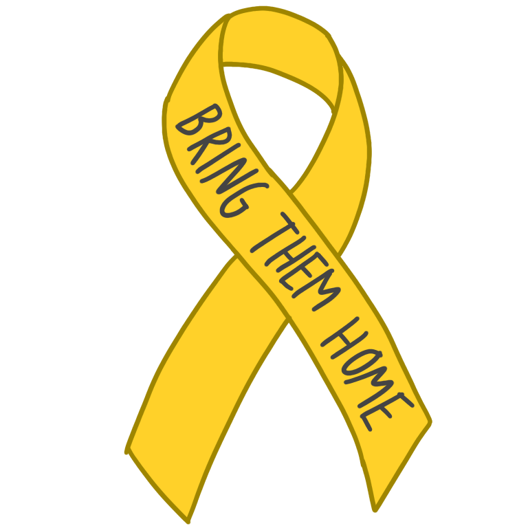  A drawing of a yellow ribbon on the ribbon is grey text that reads "Bring them home"