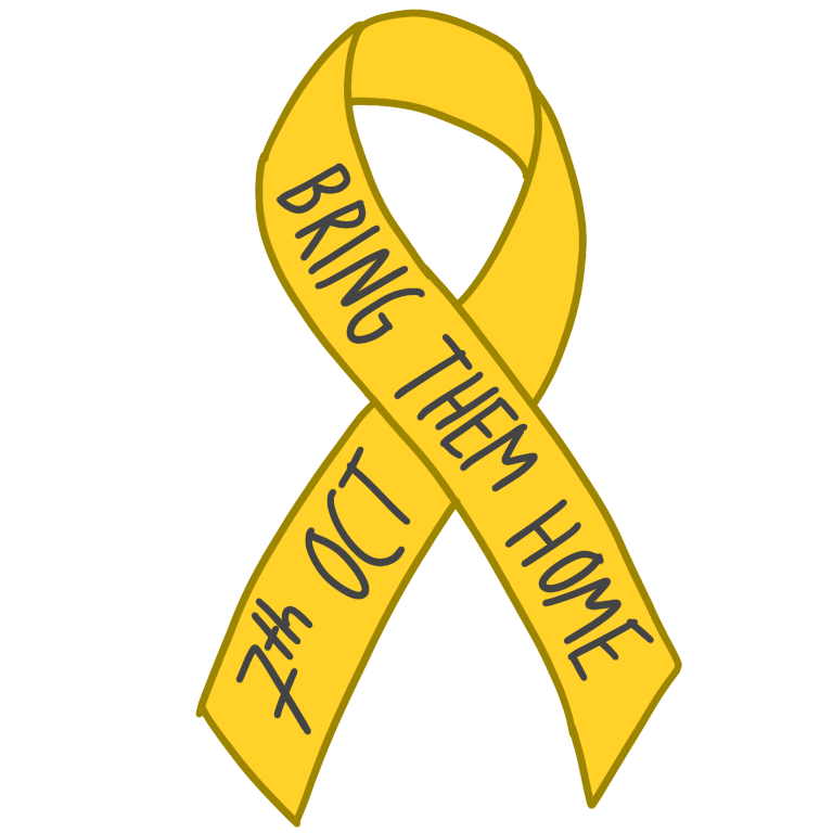  A drawing of a yellow ribbon on the ribbon is grey text that says "Bring Them Home" and "7th Oct"