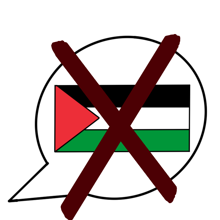 A drawing of a speech bubble wih the Palestinian flag in it. Over the speech bubble is a large red X.