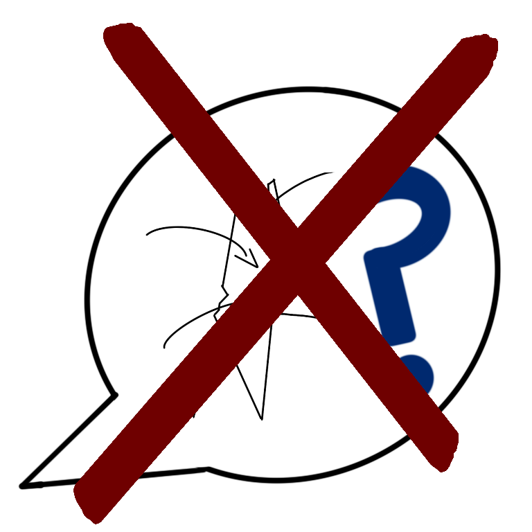 A drawing of a speech bubble with two things inside of it. In the speech bubble on the left is a rough outline of Israel and on the right is a large blue question mark. On top of the whole image is a large red X.