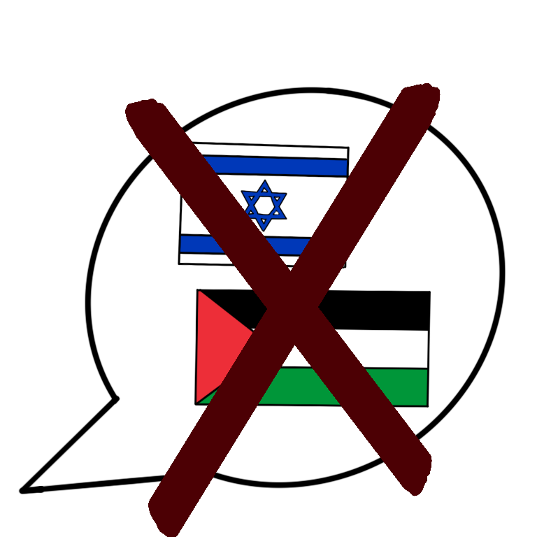 A drawing of a speech bubble with both the Israeli flag in it as well as the Palestinian flag. Over the speech bubble is a large red X.