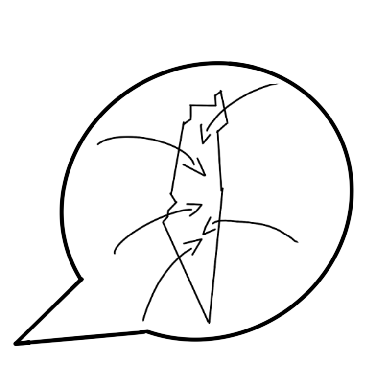 A drawing of a speech bubble and inside of the speech bubble is a rouch outline of Israel. There are small arrows pointing inside of Israel