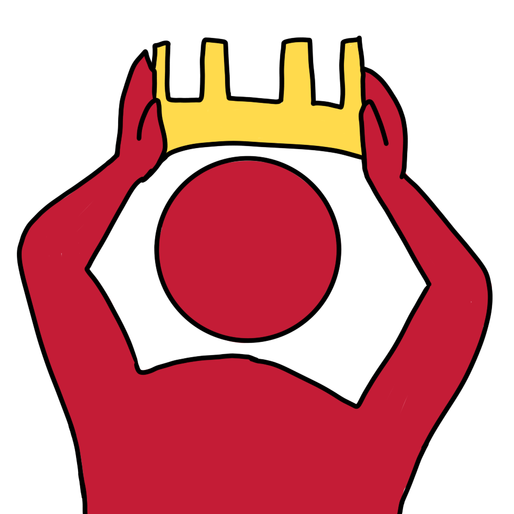 a simple red figure holds a crown over their head