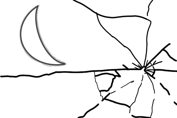 A drawing of a cracked glass sheet behind the broken glass is a crescent moon.