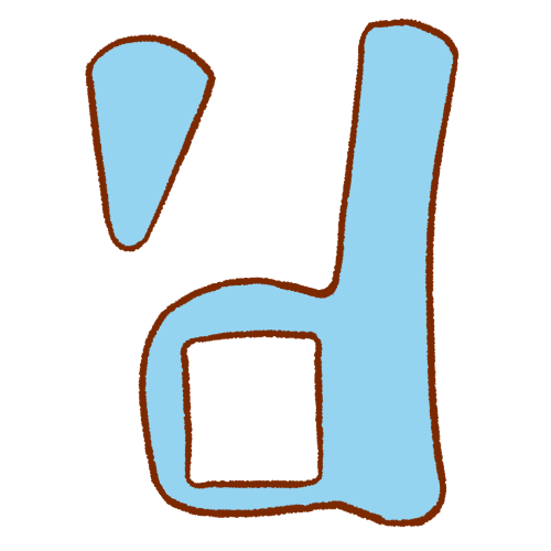 ''d' in round blocky letters with brown outlines and light blue fills