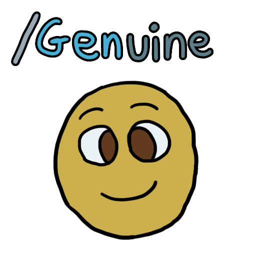 an emoji yellow face smiling, with the text '/genuine'. the letters 'gen' are in a lighter blue than the others.