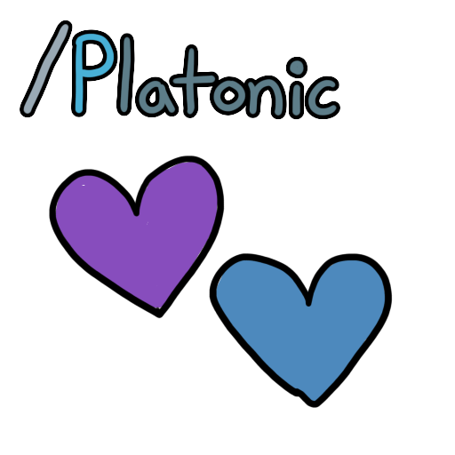 a purple heart and a blue heart, with the text '/platonic'. the letters 'pl' are in a lighter blue than the others.
