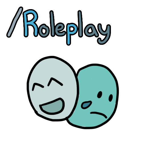 two theatre masks, with the text '/roleplay'. the letters 'r' and 'p' are in a lighter blue than the others.