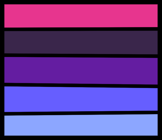 A drawing of the Omni Vincian flag which is a 5 striped flag. From top to bottom the stripe colors are pink, dark purple, purple, blue, and light blue