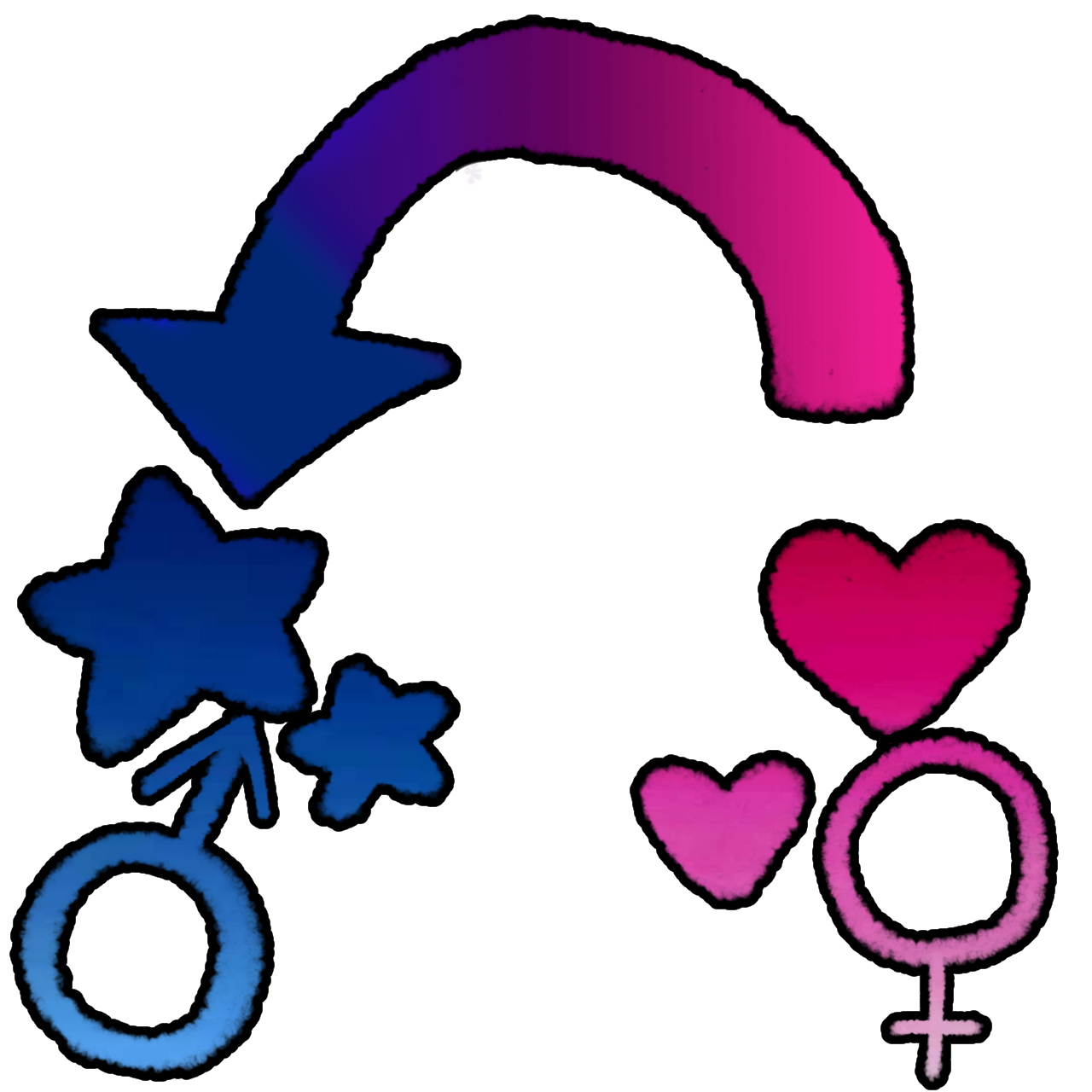 a blue male symbol with stars above it on the left and a pink female symbol with hearts above it on the right, above them is an arrow going from the heart to the stars and the arrow ombres blue to purple to pink.