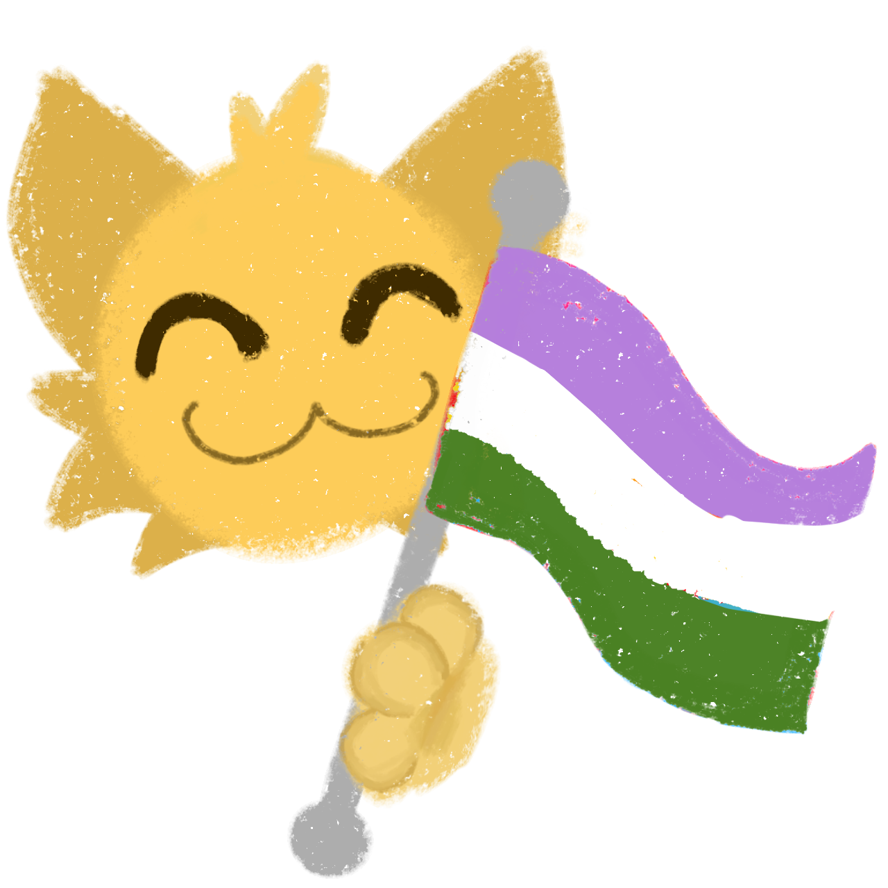  a cute, stylized, yellow cat-like character with a happy expression, holding a genderqueer flag, which includes three colors: purple, white, green, The cat character has round, simple facial features, and the image has a textured, slightly rough, hand-drawn style.