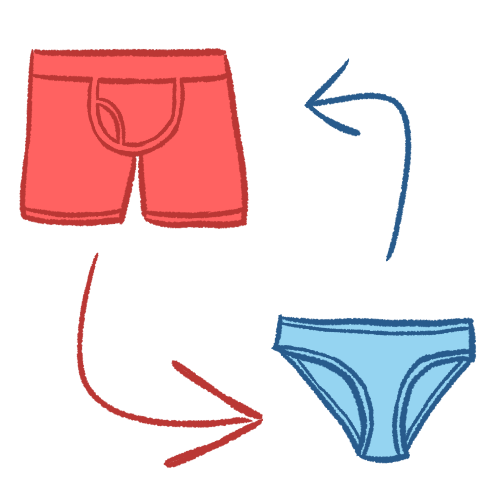  A drawing of a pink pair of boxers across from a light blue pair of panties. A pink arrow points from the boxers to the panties and a blue arrow points from the panties to the boxers.