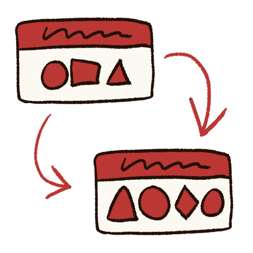 A drawing of two nametags, each with different symbols representing different names. There are two red arrows pointing from the first to the second.