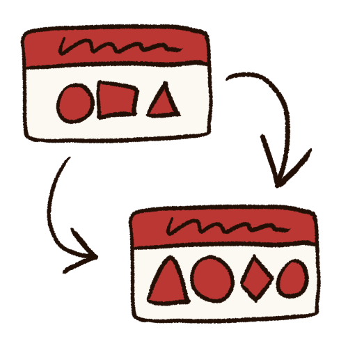 A drawing of two nametags, each with different symbols representing different names. There are two black arrows pointing from the first to the second.