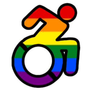 the active wheelchair symbol for disability, with the rainbow flag colors superimposed.