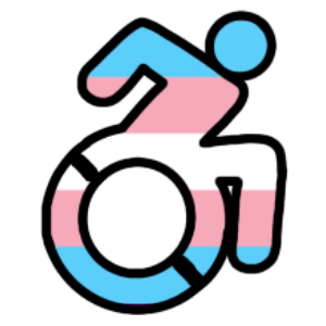 the active wheelchair symbol for disability, with the transgender flag colors superimposed.