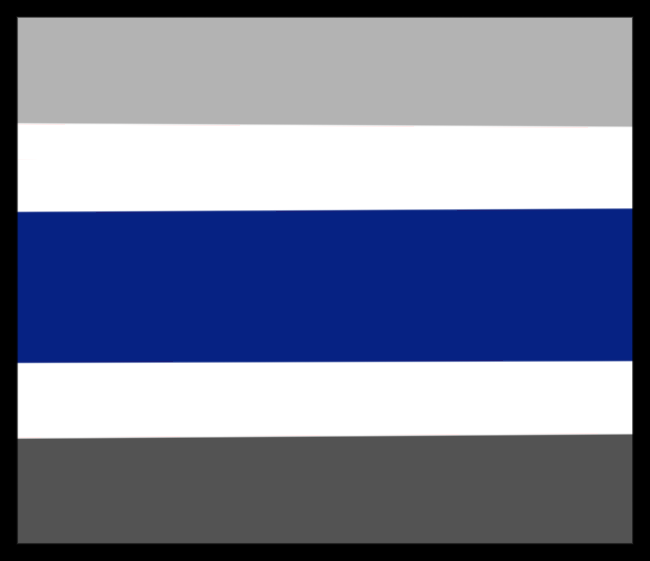 a drawing of the greygender flag outlined in black The flag stripe colors form top to bottom are light grey, white, dark blue, white again, and dark grey