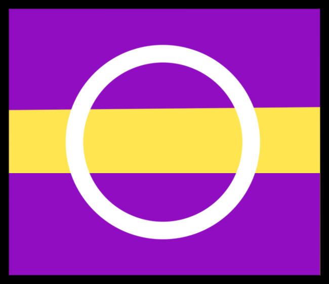 A drawing of the intergender pride flag outlined in black. The flag has two purple stripes on the top and bottom the middle stripe is yellow. In the middle of the flag is a white circle