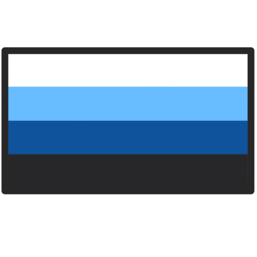 a rectangular flag with four horizontal stripes, in order it goes: white, light blue, dark blue, black. The flag is surrounded by a black outline.