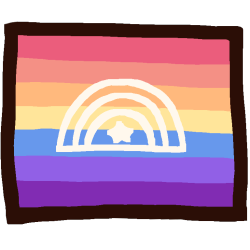 the xenogender flag, a pastel rainbow flag with a white rainbow and star on it.