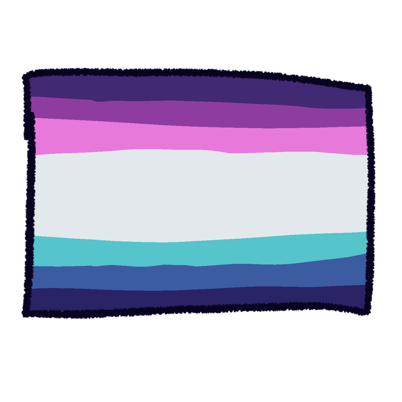 the cistrans flag. it has 7 horizontal stripes. the middle white stipe is the widest. the three stripes on top are purple, magenta, and pink. the three bottom stripes are cyan, blue, and indigo.