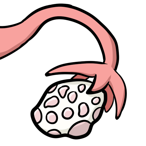 A drawing of an ovary and fallopian tube. The ovary has many darker pink spots on it, representing cysts.