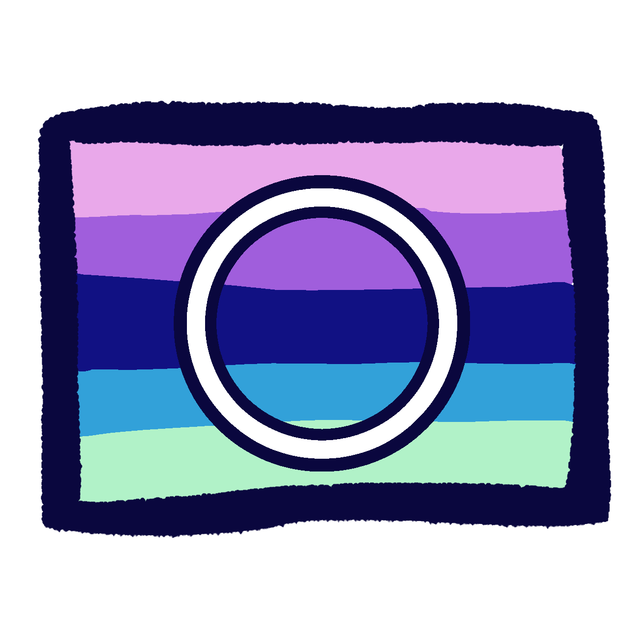 a flag outlined in dark purple with lavender, purple, dark blue, sky blue, and mint horizontal stripes as well as a white circle with a dark blue outline
