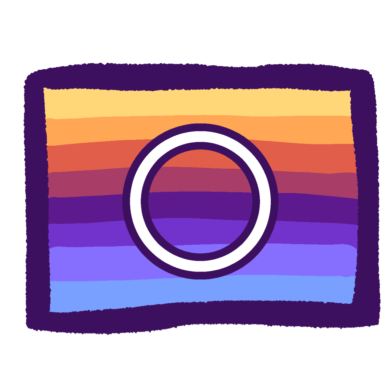 a flag outlined in dark purple with yellow, light orange, orange, red, purple, indigo, light indigo, and light blue horizontal stripes as well as a white circle with a dark purple outline
