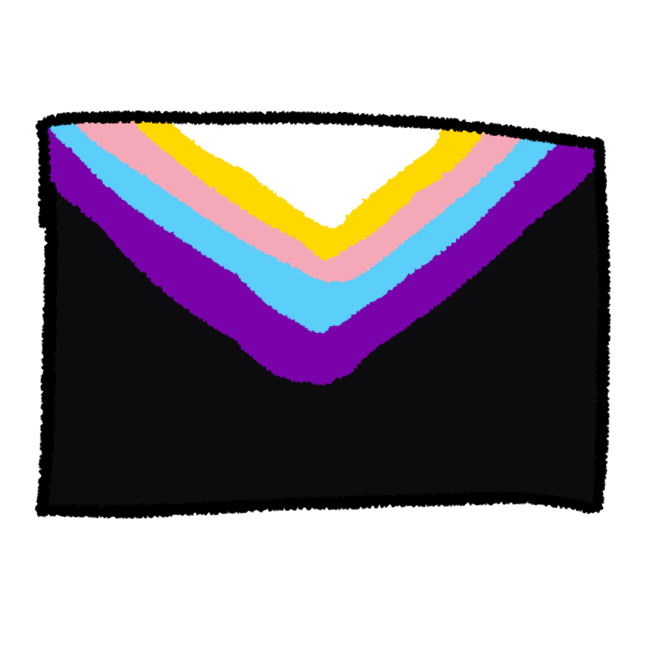 ID: the varsex flag. It has a black background. There is a chevron coming from the top, the triangles from top to bottom are white, yellow, pink, blue, and purple.