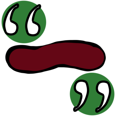 white quotation marks with green circles behind them around a thick, uneven red line with a black outline