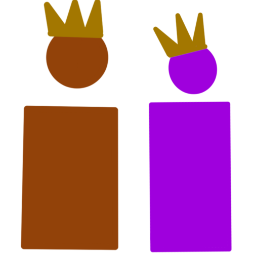  drawing of two very simple people wearing crowns on their heads. One person is red-brown and one is purple 