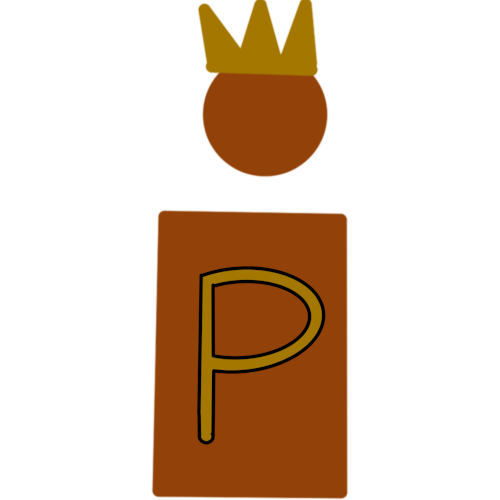 A drawing of a very simple orange person They have a crown on their head and a gold P on their chest 