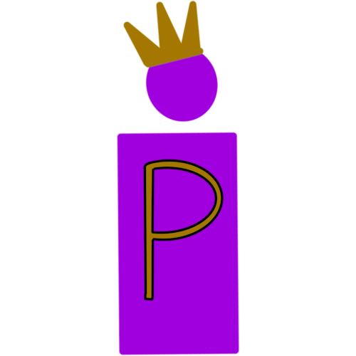 A drawing of a very simple purple person They have a crown on their head and a gold P on their chest 