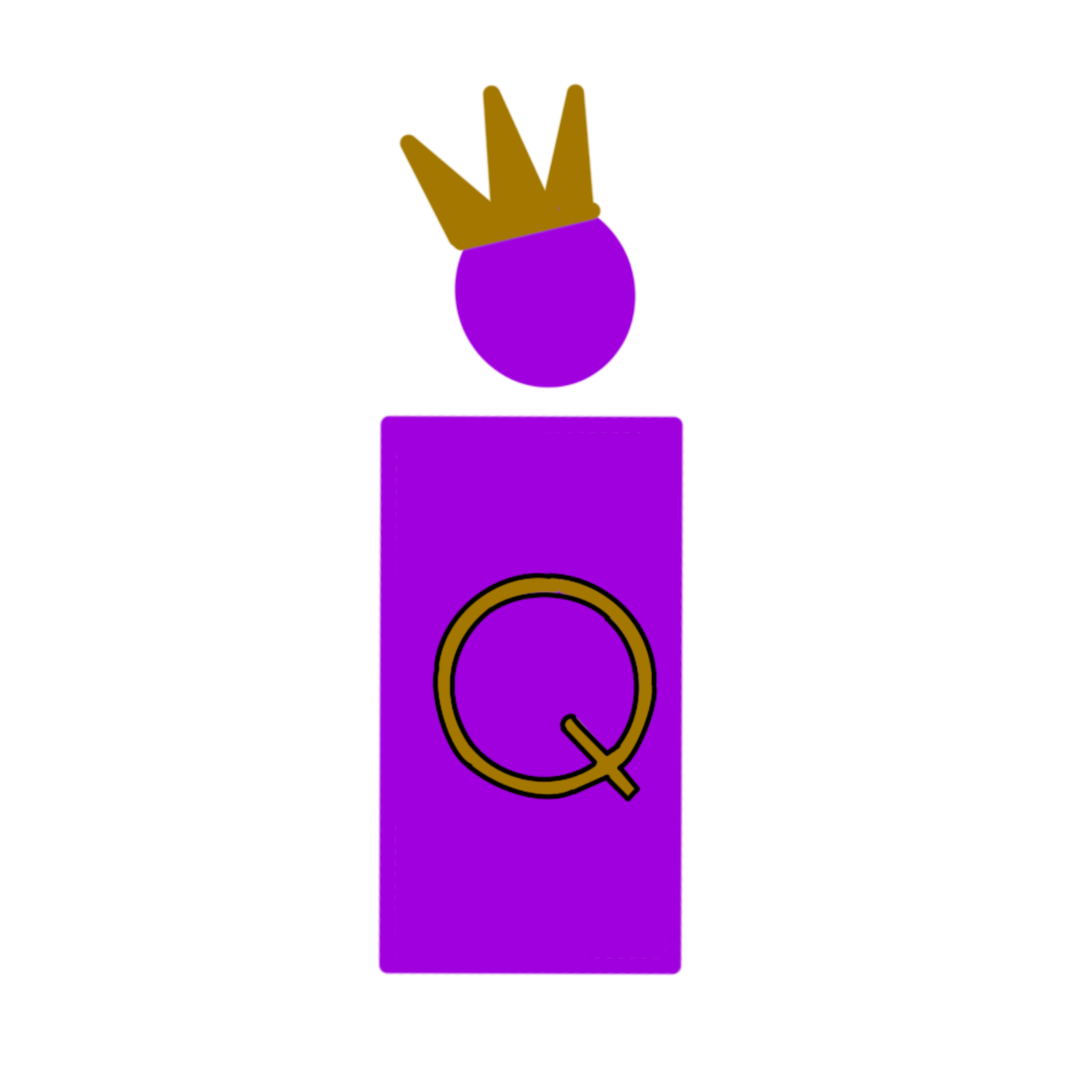 A very simple drawing of a person wearing a crown. They are purple and have a gold Q on their chest. 