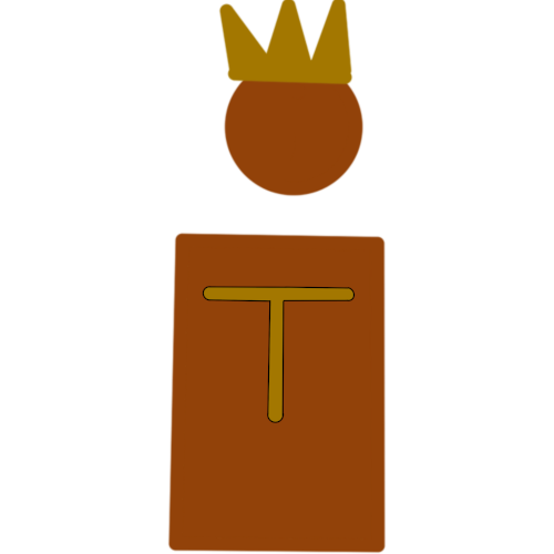 A drawing of a very simple red-brow person They have a crown on their head and a gold T on their chest
