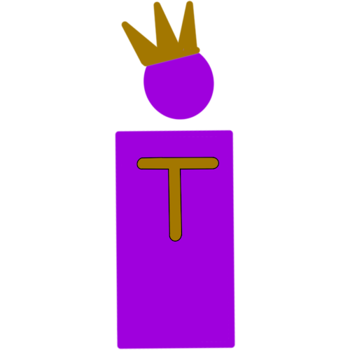 A drawing of a very simple purple person They have a crown on their head and a gold T on their chest 