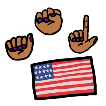 three brown hands with purple nail polish spell out A-S-L in American Sign Language, with the flag of the United States of America underneath