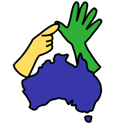 An AUSLAN 'A' with one yellow and one green hand, above the shape of Australia in blue.