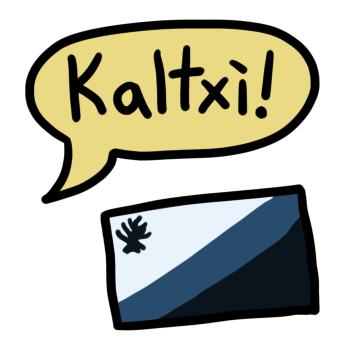 A speech bubble in yellow shows a greeting in the Na'vi conlang, a flag is visible underneath with three stripes going from the bottom left to the top right in white, blue, and black, with a small tree-like shape on the top left corner.