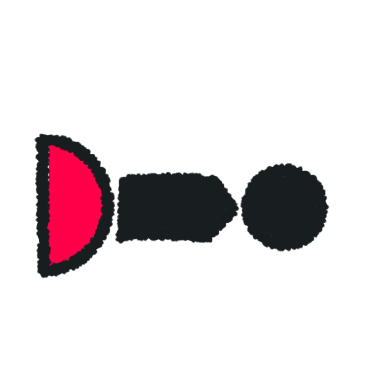 A small black circle with a black arrow pointing at it. The arrow is coming off a cut-off large red circle.