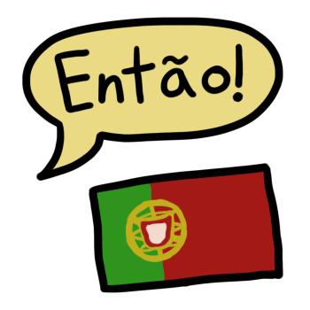 A speech bubble in yellow shows a greeting in the Portuguese language, with the flag of Portugal shown underneath it.