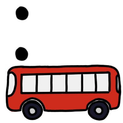  A black colon (:) above a red bus.